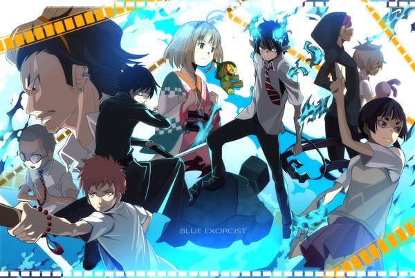 Anime picture 1200x807 with ao no exorcist a-1 pictures okumura rin okumura yukio moriyama shiemi shima renzou kamiki izumo suguro ryuuji miwa konekomaru kirigakure shura nii (ao no exorcist) takara (ao no exorcist) hajime (hajime-ill-1st) long hair short hair open mouth blue eyes black hair blonde hair red eyes