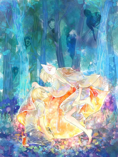 Anime picture 1000x1333 with natsume yuujinchou brains base (studio) natsume takashi madara (nyanko-sensei) shredders tall image short hair open mouth blonde hair traditional clothes japanese clothes profile barefoot multiple boys kneeling glowing mask on head hair over eyes boy plant (plants)