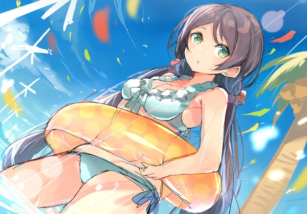 Anime picture 3250x2270 with love live! school idol project love live! toujou nozomi hajime kaname single long hair looking at viewer highres breasts light erotic large breasts green eyes absurdres sky purple hair cloud (clouds) low twintails sketch girl swimsuit
