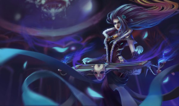 Anime picture 5000x2981 with league of legends sona buvelle cjh123456 single long hair looking at viewer highres blue eyes wide image absurdres multicolored hair hair flower lips gradient hair girl dress gloves hair ornament flower (flowers) musical instrument
