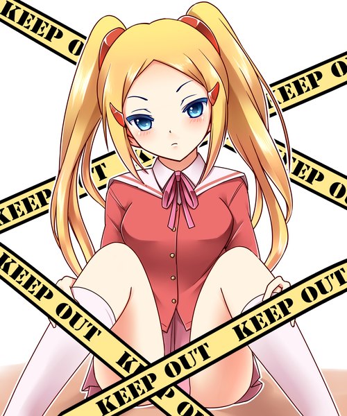 Anime picture 2500x3000 with kami nomi zo shiru sekai aoyama mio kamekichi (kamekiti) single long hair tall image blush highres blue eyes light erotic blonde hair twintails girl uniform school uniform socks white socks caution tape