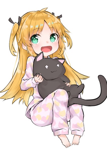 Anime picture 836x1180 with ryuuou no oshigoto! charlotte izoard hashiko no woto single long hair tall image blush open mouth blonde hair simple background white background green eyes looking away full body :d barefoot two side up girl animal cat