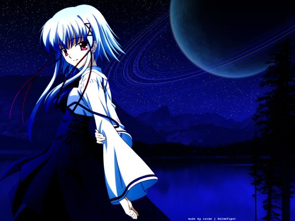 Anime picture 1280x960 with sola morimiya aono koga makoto single looking at viewer fringe short hair red eyes payot blue hair light smile wind night wallpaper night sky hands behind back girl star (stars) planet