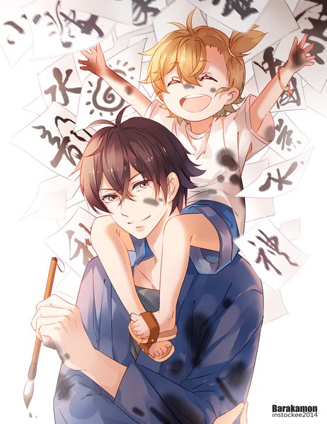 Anime picture 1155x1500 with barakamon kotoishi naru handa seishuu instockee tall image looking at viewer fringe short hair open mouth blonde hair smile brown hair sitting holding eyes closed one side up happy spread arms sitting on person calligraphy
