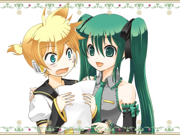 Anime picture 1200x900 with vocaloid hatsune miku kagamine len shimada (pretz) long hair fringe short hair open mouth simple background blonde hair hair between eyes white background twintails looking away upper body aqua eyes aqua hair fang (fangs) sweatdrop eye contact