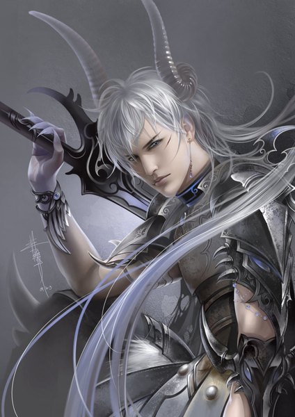 Anime picture 1024x1448 with feimo single long hair tall image blue eyes simple background signed horn (horns) fingernails lips grey hair realistic grey background scar long fingernails boy weapon earrings sword armor