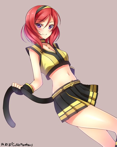 Anime picture 1240x1550 with love live! school idol project sunrise (studio) love live! nishikino maki yu-ta single tall image looking at viewer blush fringe short hair simple background smile standing purple eyes pink hair tail animal tail pleated skirt bare belly