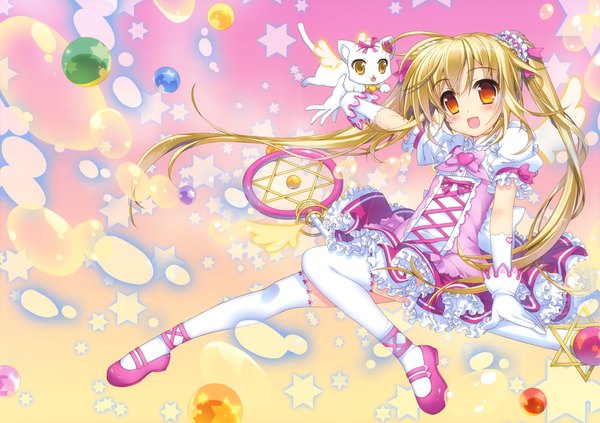 Anime picture 4953x3500 with fujima takuya single long hair blush highres open mouth blonde hair twintails absurdres full body :d scan orange eyes girl thighhighs dress gloves animal white thighhighs frills