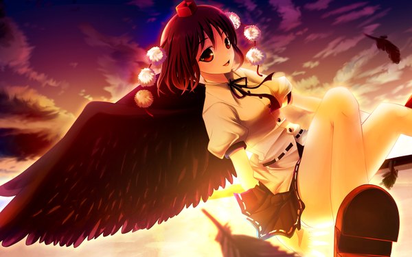 Anime picture 1440x900 with touhou shameimaru aya minase kuuru short hair black hair wide image flying girl hat wings