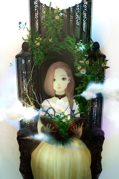 Anime picture 1000x1500 with the big o suzu (kopumpukin 55) single long hair tall image looking at viewer brown hair sitting braid (braids) aqua eyes girl flower (flowers) plant (plants) book (books) insect butterfly branch