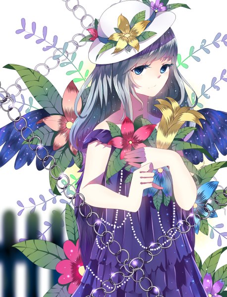 Anime picture 2125x2787 with original tadatsu single long hair tall image highres blue eyes looking away grey hair girl dress flower (flowers) hat chain