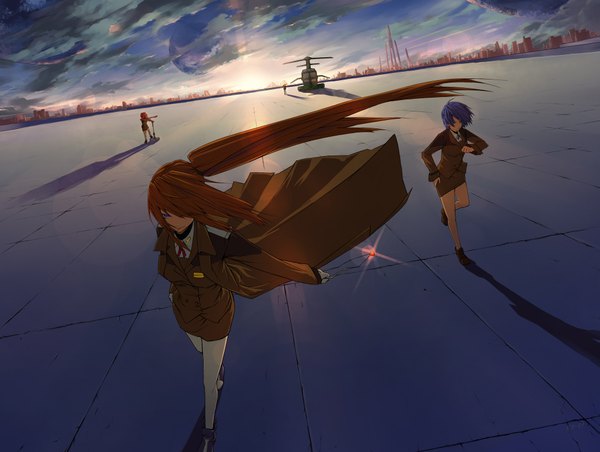 Anime picture 1991x1500 with mahou shoujo lyrical nanoha mahou shoujo lyrical nanoha strikers takamachi nanoha vita subaru nakajima teana lanster graf eisen highres cloud (clouds) ponytail shadow lens flare side ponytail evening sunset cityscape walking perspective girl thighhighs