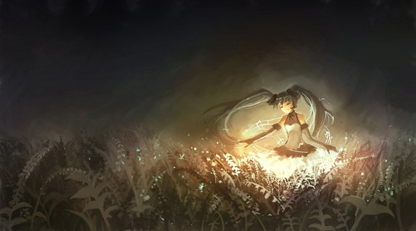 Anime picture 1544x860 with vocaloid hatsune miku huamuan huamuan single long hair fringe wide image standing twintails eyes closed aqua hair night alternate costume glowing field girl gloves plant (plants) elbow gloves microphone