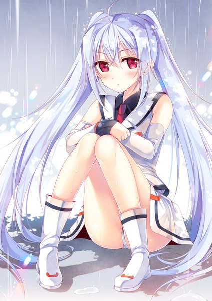 Anime picture 705x1000 with plastic memories isla (plastic memories) sousouman single tall image looking at viewer blush fringe light erotic sitting twintails bare shoulders ahoge ass white hair very long hair shadow pantyshot lens flare pantyshot sitting