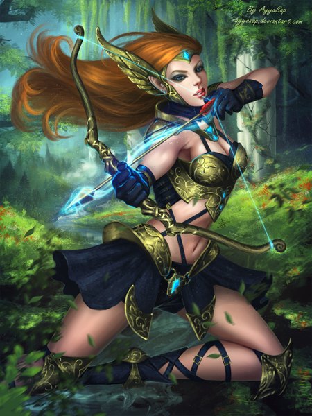 Anime picture 1125x1500 with ayyasap single long hair tall image looking at viewer blue eyes brown hair signed realistic elf girl gloves navel weapon tree (trees) forest bow (weapon) arrow (arrows)