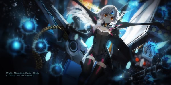 Anime picture 1701x850 with elsword eve (elsword) swd3e2 single long hair looking at viewer highres wide image signed white hair long sleeves orange eyes outstretched arm girl dress gloves weapon fingerless gloves black dress gun