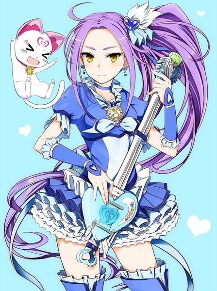Anime picture 745x1000 with precure suite precure toei animation seiren (suite precure) hummy (suite precure) cure beat minazuki randoseru single long hair tall image looking at viewer yellow eyes purple hair ponytail side ponytail girl dress hair ornament earrings animal