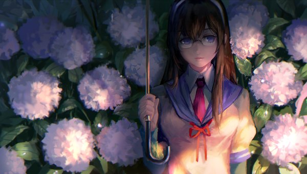 Anime picture 1400x794 with kantai collection ooyodo light cruiser kzcjimmy single long hair fringe blue eyes brown hair wide image standing looking away lips short sleeves rain girl uniform flower (flowers) school uniform shirt glasses