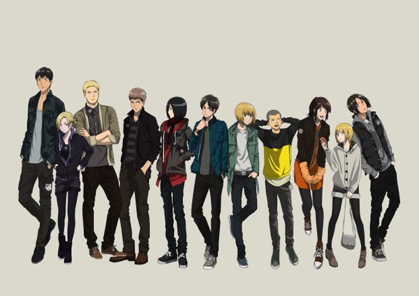 Anime picture 4961x3508 with shingeki no kyojin production i.g mikasa ackerman eren yaeger annie leonhart krista lenz armin arlert sasha blouse bertolt hoover ymir (shingeki no kyojin) reiner braun jean kirstein connie springer highres short hair blue eyes black hair blonde hair simple background multiple girls