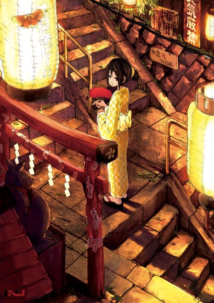 Anime picture 1500x2121 with inukoko (artist) coco dog (artist) single tall image black hair brown hair traditional clothes japanese clothes black eyes girl hair ornament bow hairclip insect butterfly fan lantern stairs yukata closed fan