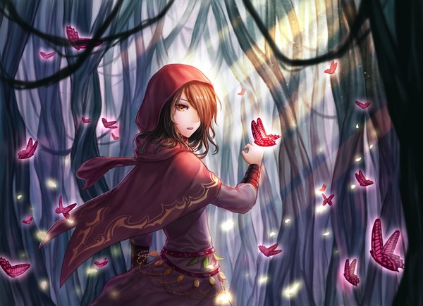 Anime picture 1000x725 with original kankito single long hair fringe open mouth brown hair standing brown eyes looking back from behind sunlight hair over one eye outstretched arm flying sunbeam girl tree (trees) scarf insect