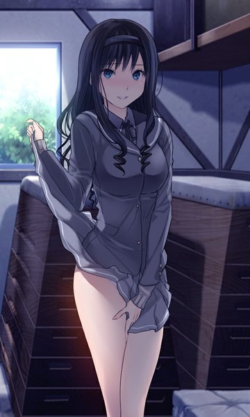 Anime picture 600x1000 with amagami morishima haruka 3u single long hair tall image looking at viewer blush fringe breasts blue eyes light erotic black hair smile standing pleated skirt legs drill hair girl skirt