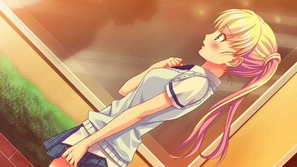 Anime picture 2048x1152 with no pantsu!! konoshiro sayori bomi long hair blush highres blonde hair wide image twintails green eyes game cg girl serafuku