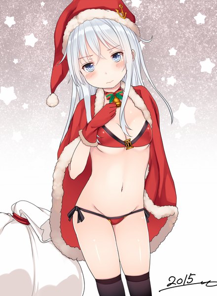 Anime picture 1100x1500 with kantai collection hibiki destroyer verniy destroyer kiyomin single long hair tall image looking at viewer breasts blue eyes light erotic standing silver hair bare belly fur trim groin christmas merry christmas girl gloves