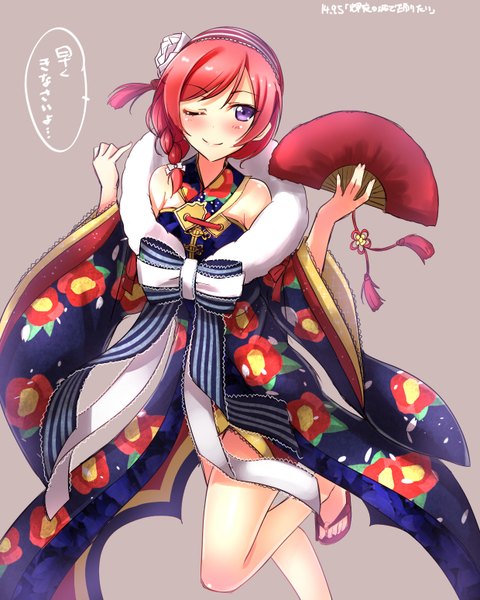 Anime picture 1240x1550 with love live! school idol project sunrise (studio) love live! nishikino maki yu-ta single tall image blush short hair standing purple eyes holding bent knee (knees) red hair braid (braids) traditional clothes japanese clothes one eye closed wink wide sleeves