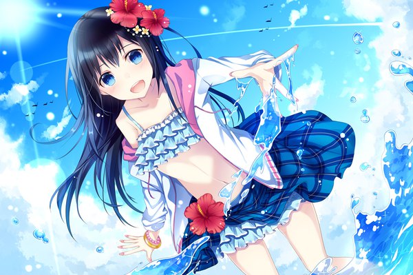 Anime picture 1100x733 with original kusada souta single long hair looking at viewer blush open mouth black hair standing sky cloud (clouds) nail polish hair flower sunlight open jacket sparkle lens flare flat chest happy spread arms