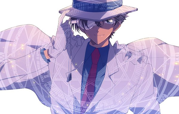 Anime picture 1000x637 with detective conan kaito kid nic (kevin) single looking at viewer short hair black hair simple background smile white background wind black eyes magic boy gloves hat necktie white gloves magic circle monocle