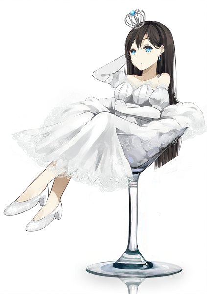 Anime picture 987x1400 with original gkn levi single long hair tall image looking at viewer blue eyes black hair simple background white background sitting arm behind head girl dress gloves white gloves crown mini crown