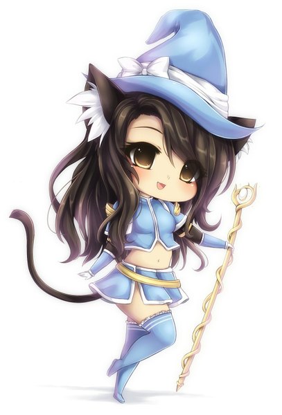 Anime picture 1024x1508 with midna01 single long hair tall image blush open mouth black hair simple background smile white background brown eyes animal ears tail animal tail cat ears cat girl cat tail chibi girl skirt