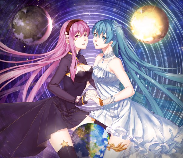 Anime picture 1818x1576 with vocaloid hatsune miku megurine luka tagme (artist) long hair looking at viewer blush highres breasts open mouth large breasts twintails bare shoulders multiple girls pink hair cleavage pink eyes aqua eyes light smile aqua hair