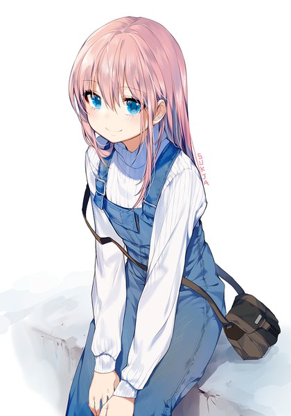Anime picture 700x1000 with original sorolp single long hair tall image looking at viewer blush fringe blue eyes simple background smile hair between eyes white background sitting signed long sleeves strap slip girl sweater bag