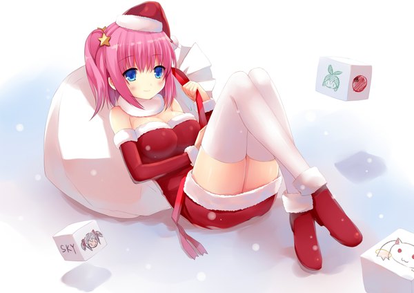 Anime picture 1697x1200 with original kyuubee liong (artist) single blush short hair blue eyes pink hair christmas girl thighhighs detached sleeves white thighhighs boots santa claus hat santa claus costume
