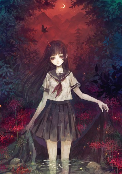 Anime picture 1000x1414 with original senano-yu single long hair tall image looking at viewer black hair red eyes standing holding sky pleated skirt horn (horns) night bare legs night sky partially submerged mountain oni horns white skin
