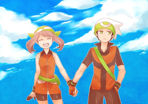 Anime picture 1200x849 with pokemon pokemon rse nintendo may (pokemon) ruby (pokemon) shirou (vista) short hair open mouth brown hair bare shoulders green eyes looking away sky cloud (clouds) eyes closed :d alternate costume sleeveless ^ ^ hand in pocket