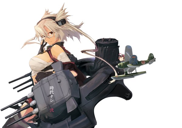 Anime picture 1280x905 with kantai collection musashi super battleship fairy (kantai collection) blockhead long hair looking at viewer short hair simple background blonde hair red eyes white background pink hair ahoge goggles on head minigirl girl thighhighs gloves weapon black thighhighs