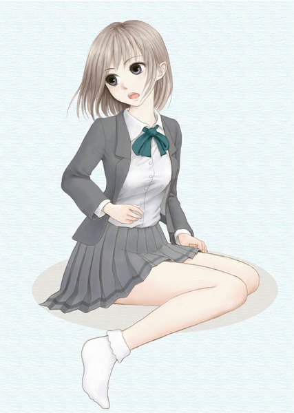 Anime picture 845x1187 with original erurodo (artist) single tall image fringe short hair open mouth simple background blonde hair sitting looking away pleated skirt grey eyes girl skirt uniform ribbon (ribbons) school uniform socks white socks