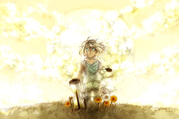 Anime picture 1800x1199 with original matsunaka hiro single highres short hair blonde hair aqua eyes wind field girl flower (flowers) plant (plants) pendant moon grass clock hourglass