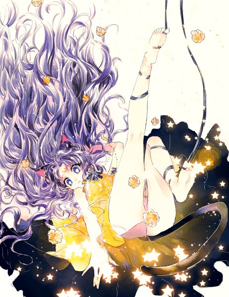 Anime picture 924x1200 with bishoujo senshi sailor moon toei animation luna (sailor moon) luna (sailor moon) (human) ahma single tall image blue eyes light erotic simple background white background animal ears purple hair full body tail very long hair animal tail barefoot arm up cat ears