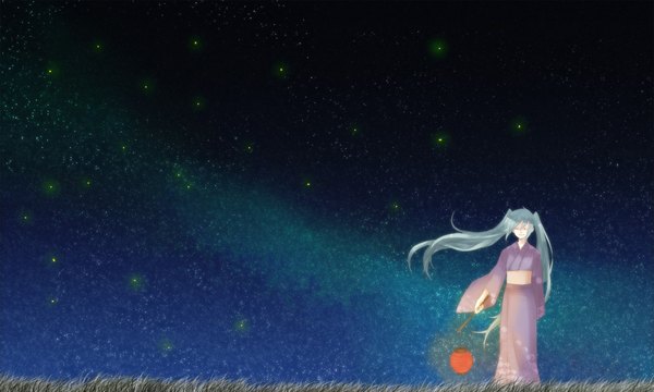 Anime picture 2000x1200 with vocaloid hatsune miku single long hair highres wide image twintails eyes closed japanese clothes aqua hair night night sky scenic girl plant (plants) kimono star (stars) grass lamp