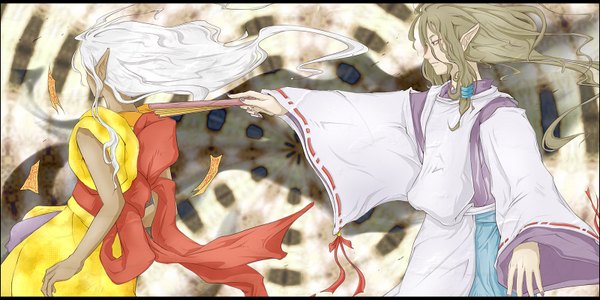 Anime picture 1600x800 with mononoke toei animation kusuriuri (mononoke) kusuriuri (demon form) hotaru (artist) long hair blue eyes blonde hair smile wide image white hair japanese clothes profile pointy ears from behind tattoo dark skin facial mark dual persona demon