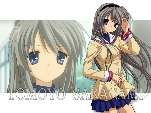 Anime picture 1024x768 with clannad key (studio) sakagami tomoyo long hair looking at viewer blue eyes grey hair character names multiview girl uniform school uniform