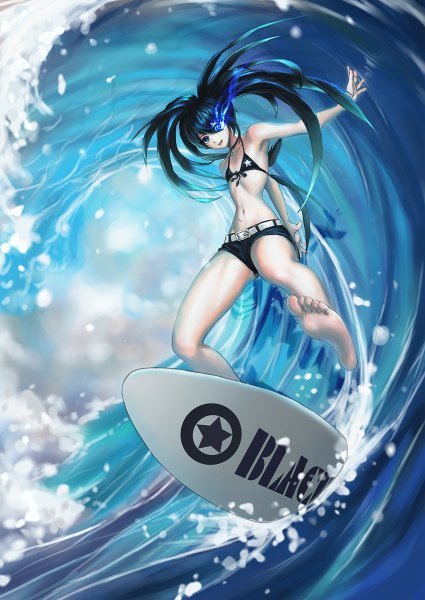 Anime picture 850x1200 with black rock shooter black rock shooter (character) lucky9 single long hair tall image looking at viewer fringe open mouth blue eyes black hair smile standing twintails bare shoulders blue hair sky bent knee (knees) multicolored hair barefoot