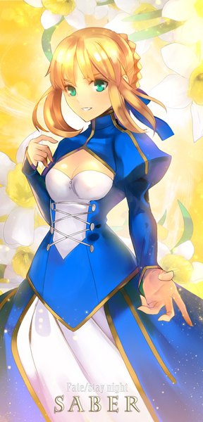 Anime picture 400x833 with fate (series) fate/stay night type-moon artoria pendragon (all) saber astarone single long hair tall image looking at viewer fringe blonde hair smile green eyes copyright name character names outstretched arm girl dress flower (flowers)