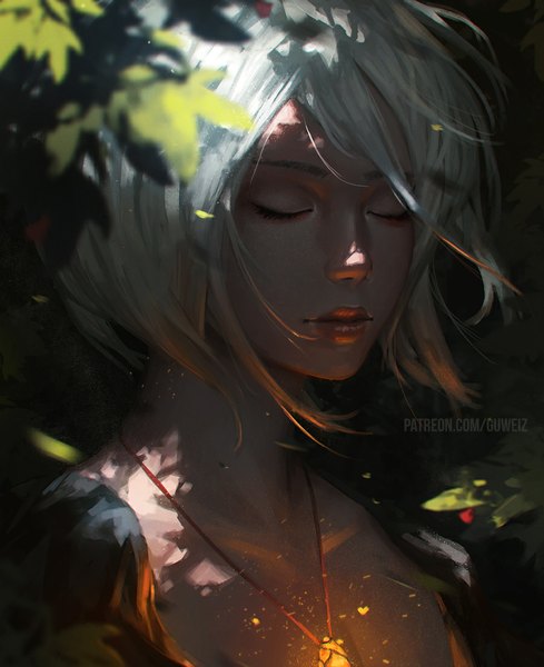 Anime picture 900x1105 with guweiz single tall image short hair signed white hair eyes closed lips realistic girl plant (plants) choker leaf (leaves)
