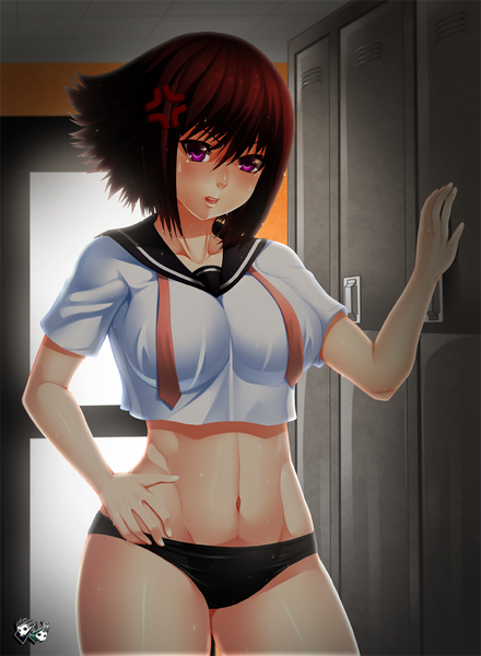 Anime picture 733x1000 with original jadenkaiba single tall image looking at viewer blush fringe short hair breasts open mouth light erotic brown hair large breasts standing purple eyes lips teeth sweat hand on hip undressing