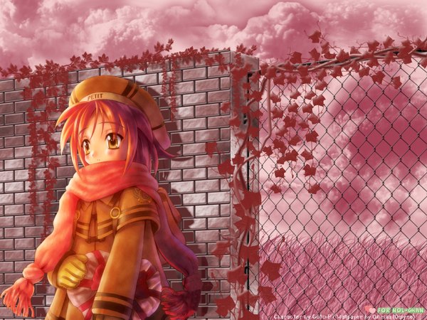 Anime picture 1600x1200 with goto p osirisa single blush brown eyes signed looking away cloud (clouds) outdoors red hair third-party edit girl gloves scarf gift cap red scarf winter clothes